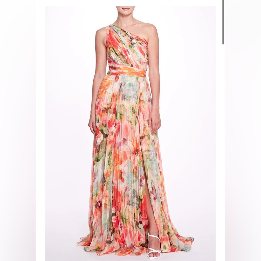 Marchesa Multicolor Floral One-Shoulder Dress